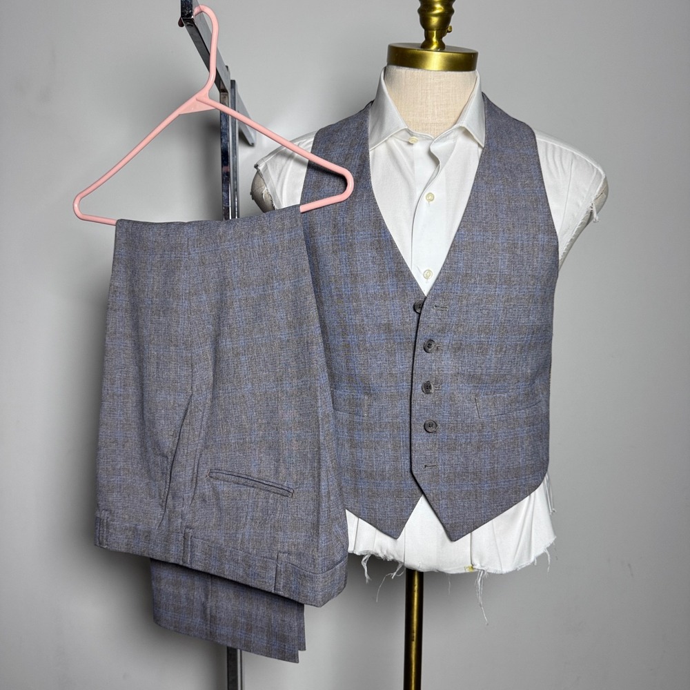 Unbranded Vest & Trouser Suit Set Mens 35R 32W Brown Plaid Glen Check Formal